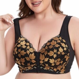 Lace Bra Button Front Black and Gold Bra Sz 40F